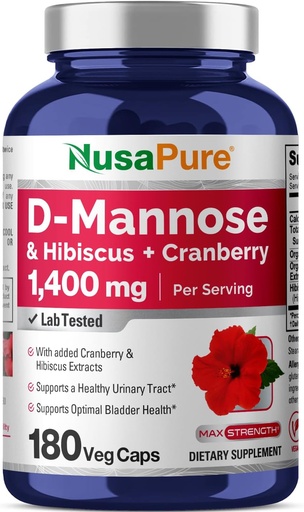 [BRSWYZQ3BF5BUA3Z] NusaPure D-Mannose Complex 1400 mg (with Hibiscus and Cranberry) - 180 Veggie Caps.