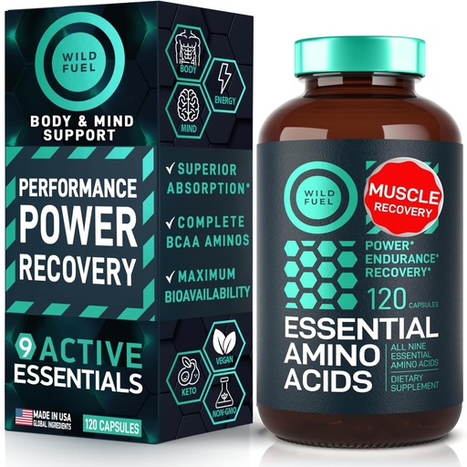 [BRSRMHAKOQGRUCLO] Essential Amino Acids supplement - All 9 EAs with BCAAs Amino Acids (Leucine, Lysine, Valine, Threonine) - 3,000mg Per Serving - Muscle Growth, Power, Recovery - 120 Vegan, Caffeine Free Capsules