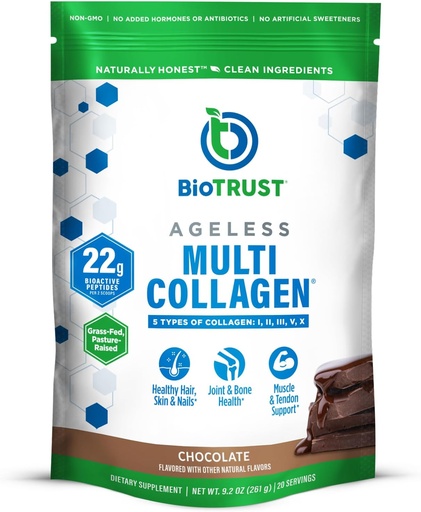 [BRSWYBT7AQJQAELK] BioTrust Ageless Multi Collagen Peptides Polvo – 5 Tipos (I, II, III, V, X) – Chocolate Collagen Powder for Women &amp; Men – Hidrolyzed Protein – Grass Fed Beef, Fish, Chicken, Eggshell Membrane