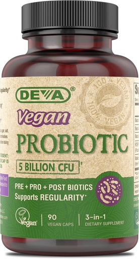 [BRSRMBIKB4AR43L5] DEVA Vegan Probiyotik Supplement - Pre, Pro, and Postbiyotiks for Digestive Health, 5 Milyar CFU, Soil-Based, Spore-Forming, Dairy Free, FOS Prebiyotiks, for Women and Men, Vegan Capsules, 90 Count