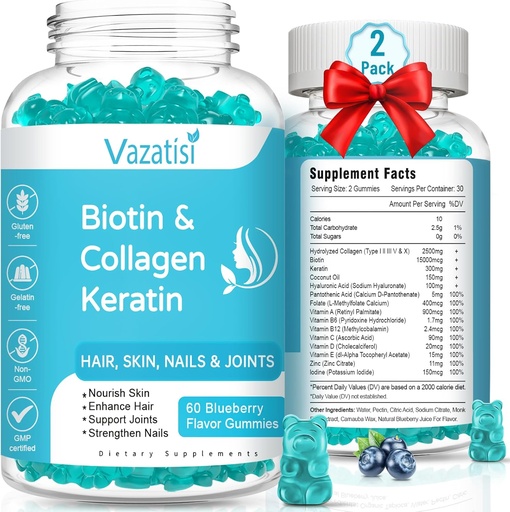 [BRSRMCAFAQDWKCY7] 2 Pack Biotin Gummies kollageeni ja Keratin juuste naha küüned - naised, lapsed - 120 mustikas Maitsestatud Gummies