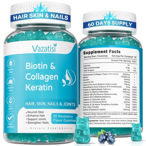 [BRSRMCAFAQDWKCY7] 2 Pack Biotin Gummies with Collagen & Keratin for Hair Skin Nails- Women Men, Kids - 120 Blueberry Flavored Gummies