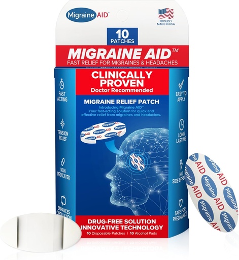 [BRSRAFQRBBYRAFLO] Migraine AID Migraine Relief Patches - Fast Acting, Non Medicated Support for Head Tension, Easy to Apply Headache Patches, Safe for Everyday Use, 10 Disposable Migraine Patches, Made in USA