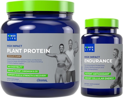 [BRSROALRCBYQI2TF] POWERLIFE High Impact Plant Protein (Chocolate - New Formula) with 3000 MG of HMB, No Sugar Added, Non-GMO High Impact Endurance