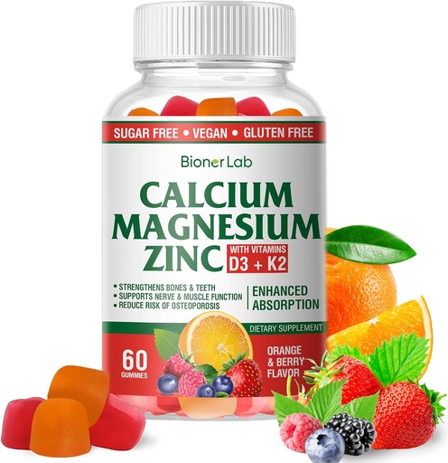 [BRSROHQ5OQFGOH36] BionerLab Calcium Magnesium Zinc Gummies D3 eta K2 bitaminarekin - Potency High Enhanced Absorption - Orange eta Berry Flavored