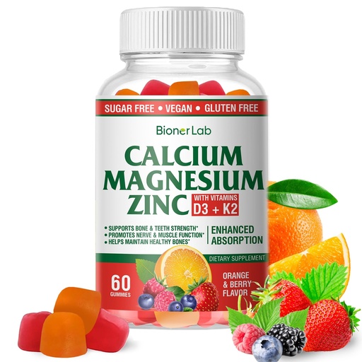 [BRSROHQ5OQFGOH36] BionerLab Calcium Magnesium Zinc Gummies with Vitamin D3 & K2 - High Absorption Complex with Magnesium Glycinate Calcium Zinc Citrate for Bone Muscle & Immune Health - Sugar-Free Orange Berry Flavored