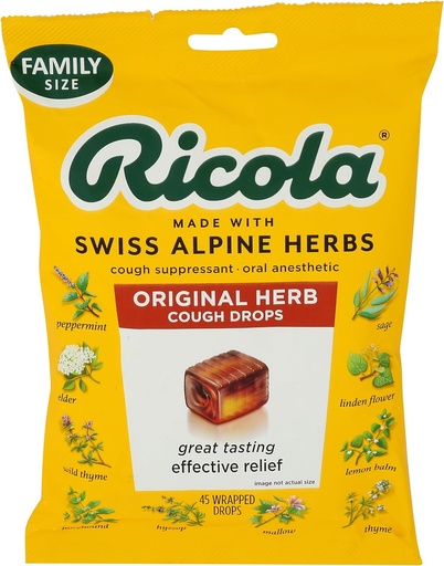 [BRSWKZYEBADWI3AZ] Ricola Original Herb Cough Drops, 45 Count, Tuse Suppressant & Throat Relieving Drops with Natural Sourced Menthol, Pleasing Herbal Gust for Coughs & Throat Irritation Symptom Relief