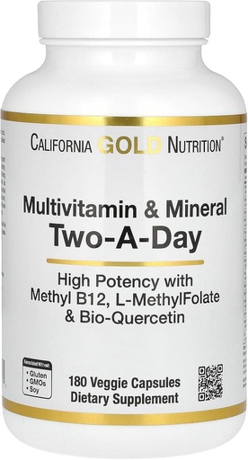 [BRSW2AQRAAMQG236] California Gold Nutrition Multivitamin and Mineral with Methyl B12, Vitamine C, L-MethylFolate and Bio-Quercetin, Two-A-Day, 180 Capsules de Veggie