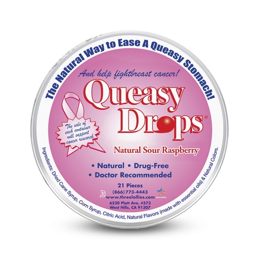 [BRSWIYAIBB6B63TK] Three Lollies Queasy Drops - Sour Raspberry Flavor - Travel Sickness & Nausea Relief, Soothes Stomach & Dry Mouth, Natural Ingredients - 21 ct