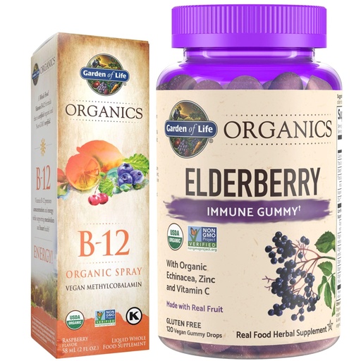 [BRSRAYYYBZ5AOF3A] Garden of Life Organics Elderberry Immune Gummies, 120 Count & B12 Vitamin Raspberry Spray, 500mcg, 2oz