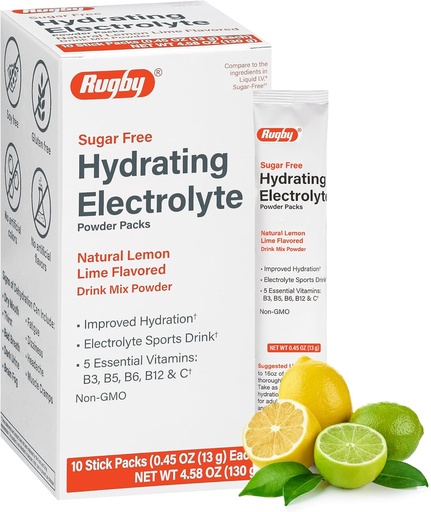 [BRSRAGTQCVYAOHLD] Rugby Sugar-Free Hydrating Electrolyte Powder Packs - Drink Mix Powder Packets with 5 Vitamins - Improved Hydration - Natural Lemon-Lime Flavor - 10 Stick Packs - 0.45 Oz Each (1 Pack)