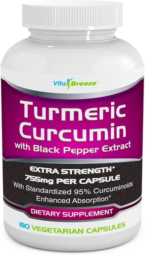 [BRSWIGAIO4ORQDLE] Turmeric Curcumin Complex with Black Pepper Extract - 755mg per Capsule, 180 Veg. Caps - Contains Piperine (for Superior Absorption and Tumeric Bio-Availability) and 95% Standardized Curcuminoids
