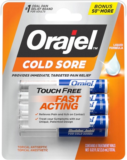 [BRSW2GI6OYFGGALD] Orajel Touch Free Cold Sore ravi .12oz, Vedel valem, pakub kohest ja sihitud valu leevendamist, boonuse suurust, 6 aplikaatorit.