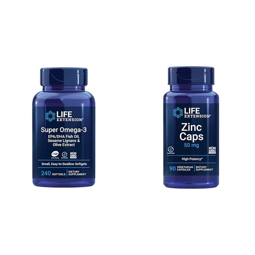 [BRSROCYKAFYRGF3X] Life Extension Super Omega-3 EPA/DHA Fish Oil, Sesame Lignans & Olive Extract - Omega 3 Supplement & Zinc Caps, zinc 50 mg, zinc Citrate, Support The Body's Immune defenses