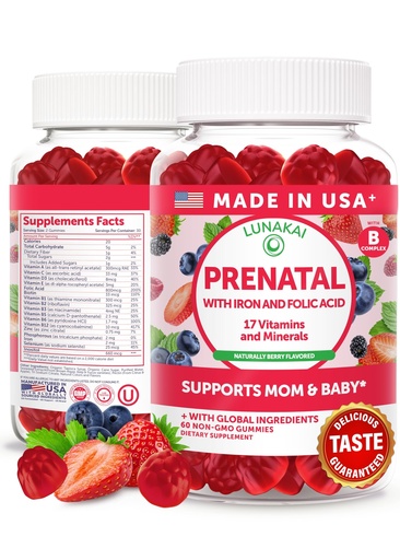 [BRSWYFIOAENBGEIV] Lunakai USA Made 17-in-1 Prenatal Vitamins for Women with Iron & Folic Acid – Delicious Daily Prenatal Gummies for Maternal Wellness Support, 60ct