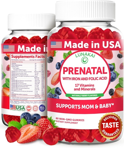 [BRSWYFIOAENBGEIV] Lunakai USA Made prenatal Vitamins with Iron ' Folic Acid - Delicious Pregnancy Multivitamin Gummies for Women, 60 count