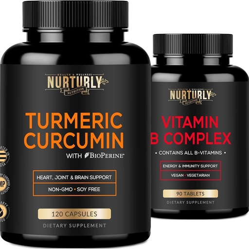 [BRSW22TYBABRUAD2] Vitamin B Complex and Turmeric Curcumin - Contains All Essential B Vitamins - B1, B2, B3, B5, B6, B7, B9, B12 and Biotin - High Absorption Turmeric Supplements 1300mg for Joint, Hearth Health