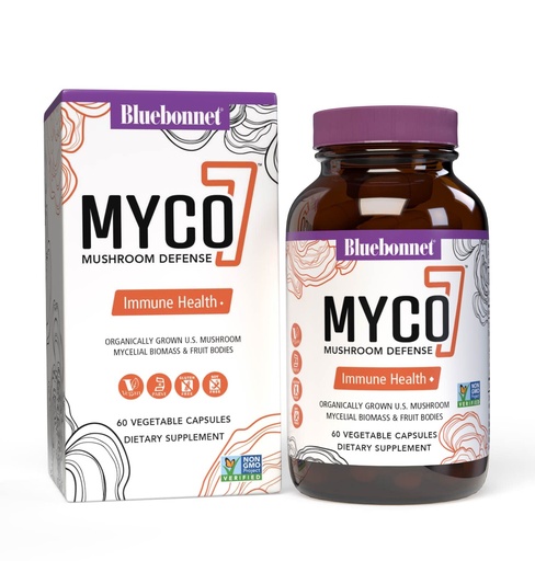 [BRSRMBAOCN6BYFLP] BlueBonnet Nutrition Myco-7 Mushroom Defense – 7 Organically Grown U.S. Whole, Full-Cycle Mushrooms – for Immune & Wellness - Soy-Free, Gluten-Free, Non-GMO, Kosher, and Vegan – 60 Vegetable Capsules