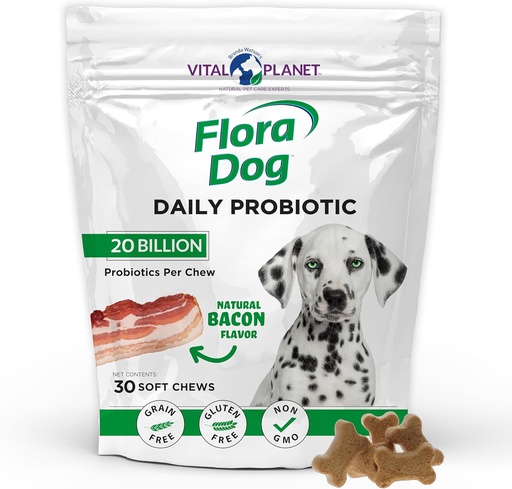 [BRSWKFQ2PMFBEE3I] Vital Planet - Flora Dog Probiotics, Dog Chews Supplement with 20 Billion Cultures and 11 Strains, Immune and Digestive Support Chewable Probiotics for Dogs, 30 Natural Bacon Flavored Soft Chews