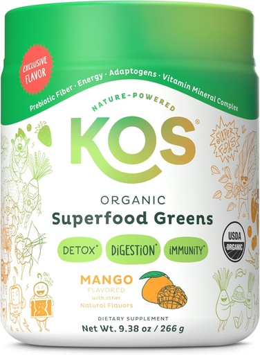 [BRSRAZQPAR7BM23L] KOS Organic Superfood Greens Powder - Gut Health from Prebiotic Fiber, Supergreens and Adaptogens - USDA Certified Organic, Made in a GMP Certified Facility - 28 Servings Mango
