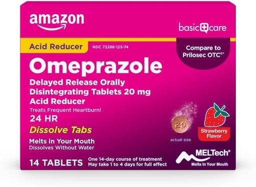 [BRSWGGQNOUHWGHYY] Basic Care Omeprazol Delayed Release Orally Disintegration Tablets, 20 mg, Acid Reducer, Strawberry Flavor, 14 Greve (pakke med 1)