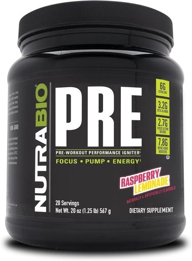 [BRSWKYD2DEPBKCA3] NutraBio PRE Workout Powder - Old Formula- Sustained Energy, Mental Focus, Endurance - Beta Alanine, Creatine, Caffeine, Electrolytes - 20 Servings - Raspberry Lemonade