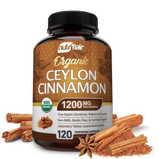 [BRSWKFIHCYBRCA32] NutriFlair Organic Ceylon Cinnamon Supplement 1200mg, 120 Capsules - USDA Certified - Non-GMO, Gluten Free Powder, Antioxidant Pills