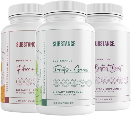 [BRSROAL2CJ7GEH35] SUBSTANCE. 3-Pack Overall Wellness Bundle: Nature's Sustenance Daily Fruits & Veggies (120 Caps) + Fiber & Spices (240 Caps) + Beetroot Boost (180 Caps) - USA Made, Vegan-Friendly