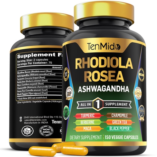 [BRSRAGD4PMNAAE3J] Rhodiola Rosea Supplement - 8in1 Formula - Combine with Ashwagandha, Turmeric, Berberine, Maca, Chamomile, Green Tea, and Black Pepper - Nutrient Rich - 150 Vegan Capsules