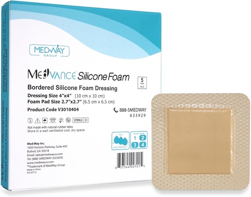 [BRSWGZYHOUBG2D3G] MedVance TM Silicone - Bordered Silicone Adhesive Foam Dressing Size 4"x4" (2.7"x2.7" pad), Box of 5 dressings