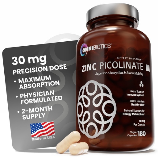 [BRSROFQOBEIRUYAV] OmniBiotics Zinc Picolinate 30mg Supplement – High Absorption Zinc for Immune System, Healthy Skin, and Energy Support – 180 Vegan Capsules