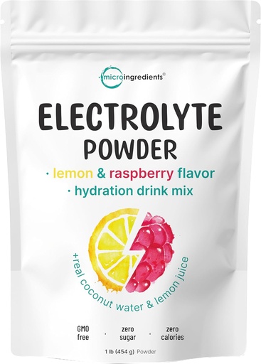 [BRSROAL5CUPWYFDJ] Micro Інгредієнти Hydration Electrolyte порошок, 1 фунт (69 Сервінги) лимон Малини Flavor Висока калійність (1,000mg) + кокосова вода і реальний лимон сік Ні Цукор, Keto Friendly Не-GMO