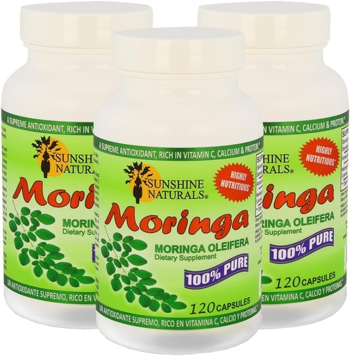 [BRSROA37AB7BAYAV] Sunshine Naturals Moringa Dietary Supplément. Immune System Aid, Energy Booster, Antioxydant Support et Nutrient-Rich Superfood. Favorise la digestion et la santé cardiaque. 120 gélules. Boîte de 3