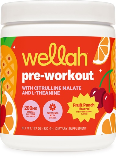 [BRSRAYD6BZ4AKG3X] Wellah Pre-Workout Drink Mix (Fruit Punch Flavored, 30 Servings) - with Citrulline Malate and L-Theanine, 200mg of Natural Caffeine & 1000mg of Beta-Alanine