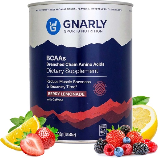 [BRSWIAI6CMNAI334] Gnarly Nutrition BCAA Powder, Berry Lemonade – Pre-Workout BCAAS Amino Acids – NSF Sport Certified – Supplement to Support and Rebuild Muscle – Berry Lemonade with Caffeine, 10.58 oz