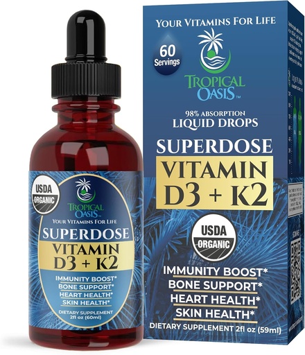 [BRSRA2QLCMFW2G3P] USDA Organic Liquid Vitamin D3 K2 Drops for Adults | Superdose 8000IU Pure Vitamin D3 | 60 Serv | Vitamin D K2 Supplement for Immune Support & Bone Health | 98% Absorption | Vegan, Non-GMO | 2 Fl Oz