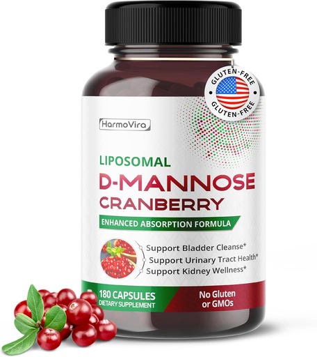 [BRSRAGLYDIMBOHQ6] Liposomal D-Mannose Cranberry Supplement – 180 Capsules | Uva Ursi, Hibiscus, Black Pepper | Enhanced Absorption Formula | Non-GMO, Gluten-Free