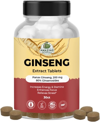 [BRSW2YYQPMGROYLO] Amazing Botanicals Panax Ginseng Extract Tablets - 200mg Highly Potent 80% Ginsenosides for Energy & Relaxation - Natural Herbal Supplement for Cognitive Booster - 30 Tablets