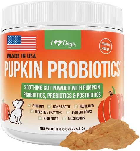 [BRSRAED3B4NWA3TJ] iHeartDogs Pupkin Probiotics, Prebiotics, & Postbiotics for Dogs with Pumpkin, Gut Soothing Bone Broth & Mushrooms - 30 Scoops
