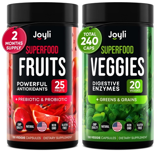 [BRSRO2YEDECRMGYV] Fruits and Veggies Supplement - High Fiber Supplement for Immunity, Gut & Energy - Super Reds & Super Greens Supplements with Marshmallow Root - 240 Reds and Super Greens Powder Superfood Capsules