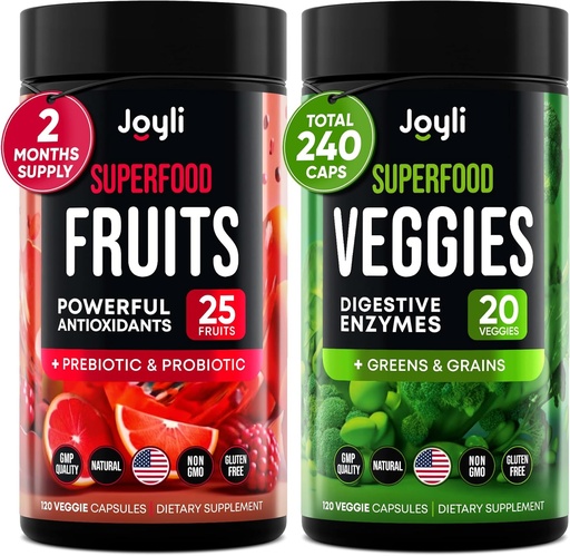 [BRSRO2YEDECRMGYV] Fruits and Veggies Supplement - High Fiber Supplement for Immunity, Gut & Energy - Super Reds & Super Greens Supplements with Marshmallow Root - 240 Reds and Super Greens Powder Superfood Capsules