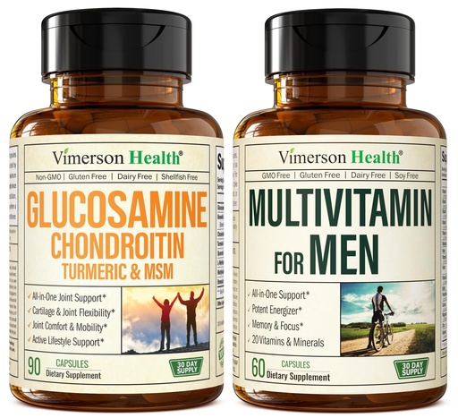 [BRSWYAADOIPGKA3Z] Glucosamine Chondroitin Turmeric MSM + Men’s Multivitamin 2-Bottle Supplement Bundle for Him. Joint Health, Inflammatory Response, Immune Support, Antioxidant Properties