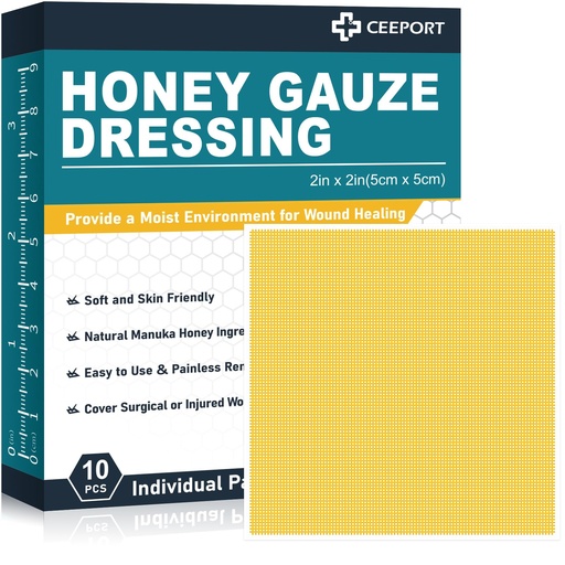 [BRSROGTQCEJRA3LF] Ceeport Manuka Honey Gauze Wound Dressing 2" x 2",10 Pack Manuka Honey Wound Care Pads, Medical Grade Honey Bandages for Wound Care, Honey Patch for Faster Healing from Burns,Abrasions,Cuts and Scalds