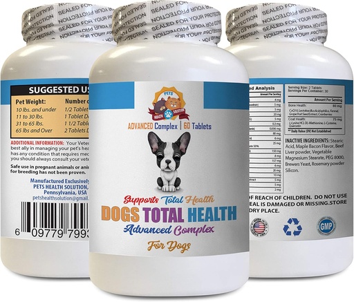 [BRSWGHABDIBA4YLD] Vitamines pour chiens Eyes - Dogs Total Health Formula - Support avancé - Dents pour cheveux Gums Soins urinaires pour yeux - Vitamine e pour chiens Peau - 60 comprimés (1 bouteille)