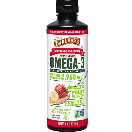 [BRSWIYA7B4JWYGQ3] Barlean's Vegan Omega 3 6 9 Flaxseed Oil Liquid Supplement, Strawberry Banana Smoothie, Flax Seeds Oil with 2,968 mg ALA Fatty Acid, Non-GMO and Gluten Free, 16 oz