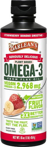[BRSWIYA7B4JWYGQ3] Barlean's Vegan Omega 3 6 9 Suplemento líquido de óleo de linhaça, Strawberry Banana Smoothie, Flax Seeds Oil com 2,968 mg ALA Fatty Acid, Non-GMO e Gluten Free, 16 oz