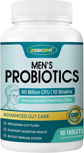 [BRSWYHTQAEIAIALG] ZEBORA Probiotics for Men and Prebiotics for Digestive Health, 90 Tablets, 60 Billion CFUs for Immune and Gut Health, 10 Strains, Hypoallergenic Probiotics, Shelf Stable, Gluten & Soy Free