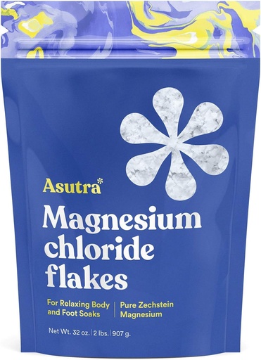 [BRSWKGIAA5YAYEQ3] ASUTRA Magnesium Chloridge Bath Fecks, 2 Lbs - สําหรับความผ่อนคลายของเท้าและร่างกาย soaks, Epsom Salt, obsive Aborction