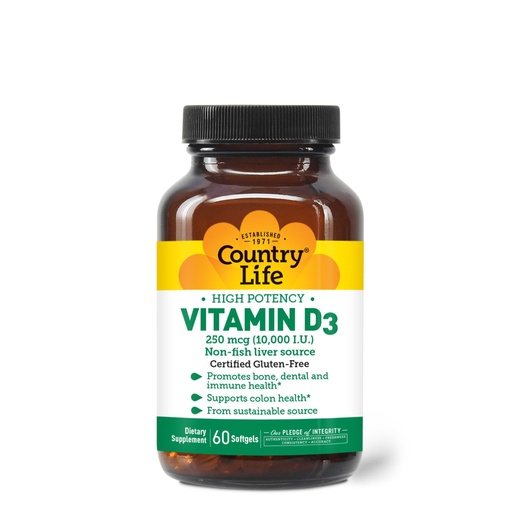 [BRSWGFL2OABG2HLK] Country Life Vitamin D3 10,000 IU – High Potency, Non-Fish Source | Bone, Immune & Colon Health Support | 60 Softgels | Certified Gluten-Free, Clean Formula with MCT Oil for Better Absorption