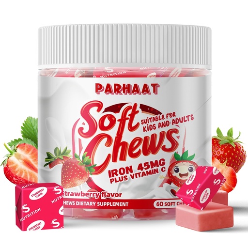 [BRSRAGILCQCRGDT5] Iron Soft Chew Supplement with Vitamin C | Strawberry Flavored | Gluten Free | Iron Supplement for Women Men and Kids | 60 Count | 2 Month Supply